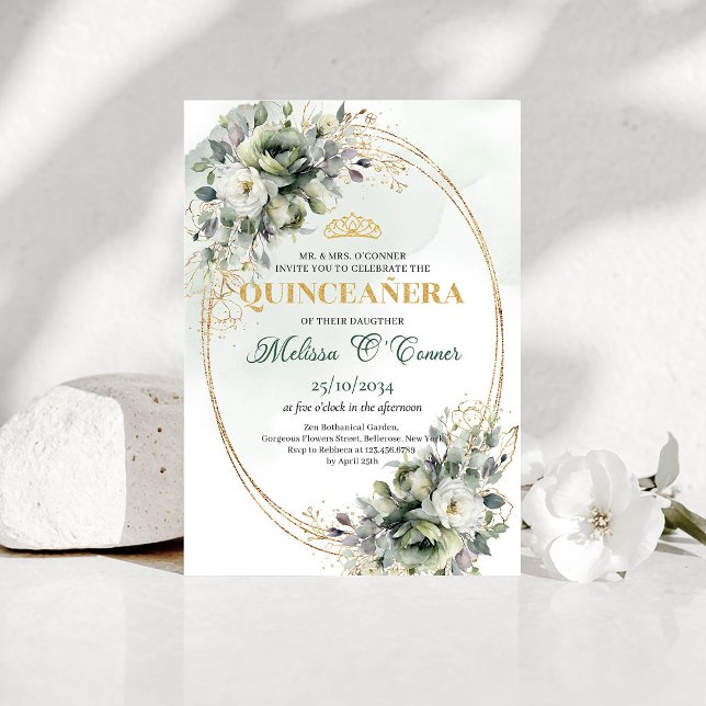 Invitation de Quinceañera au Eucalyptus Vert et Bl (Green And White Eucalyptus Quinceañera Invite)