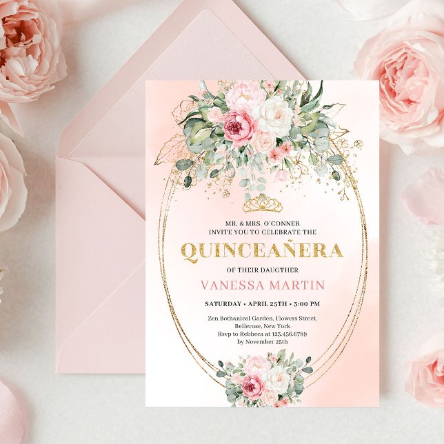 Invitation de Quinceañera au joli eucalyptus rose  (Pretty Blush Pink Eucalyptus Quinceañera Invite

)