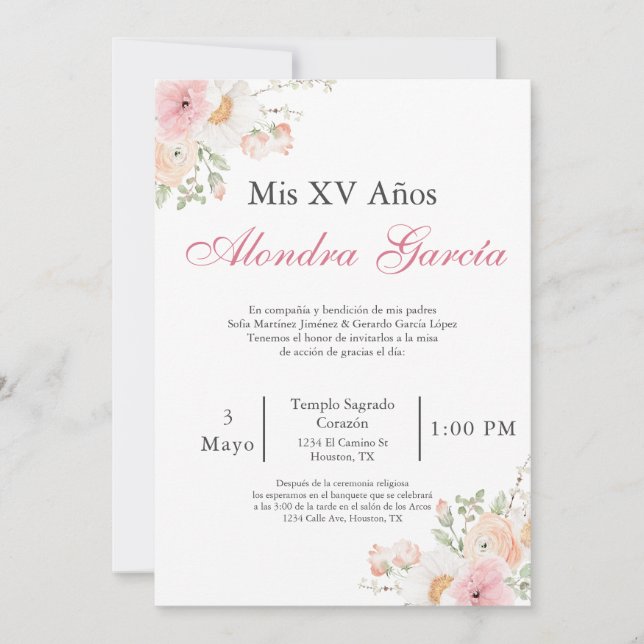 Invitation de Quinceañera aux fleurs du printemps (Devant)