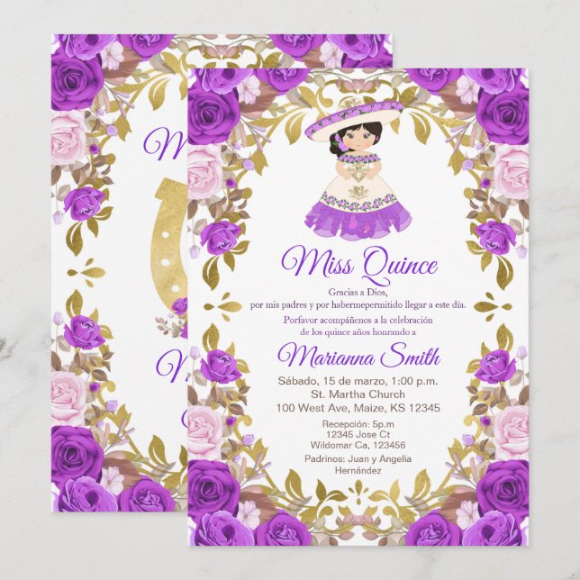 Invitation de Quinceanera aux fleurs violettes (Devant / Derrière)