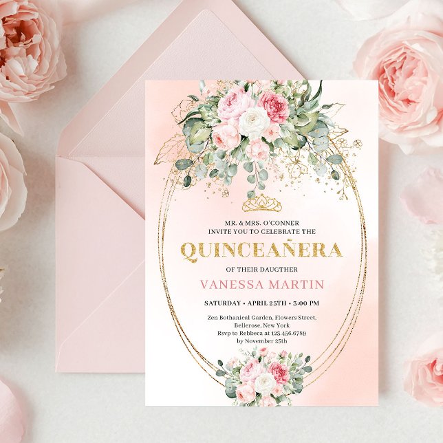 Invitation de Quinceañera aux Roses Fardées Élégan (Stylish Blush Roses Greenery Quinceañera Invite

)