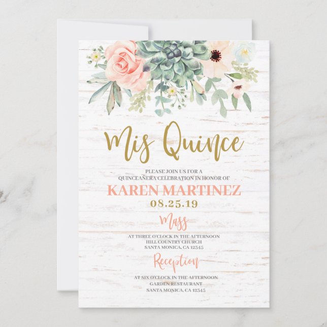 Invitation de Quinceañera aux succulents floraux (Devant)