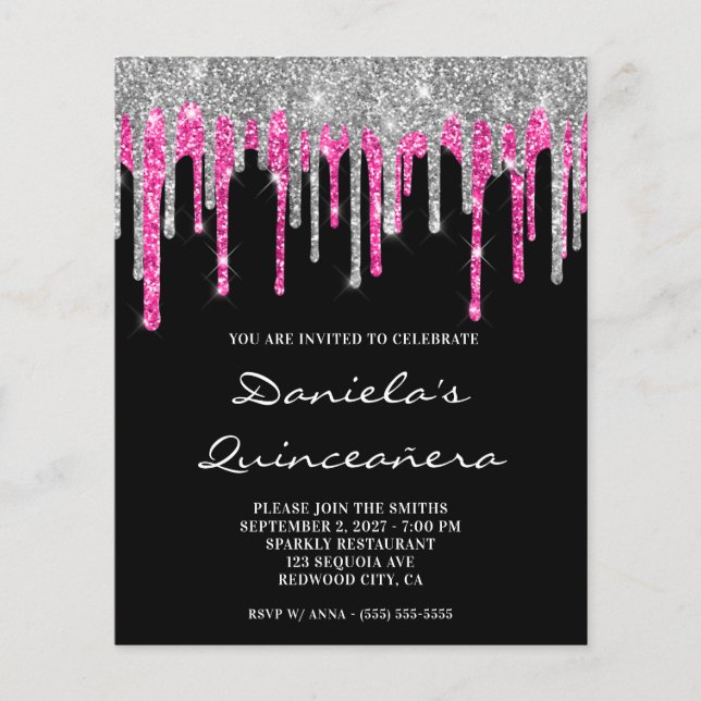 Invitation de Quinceañera avec paillettes rose cha (Devant)