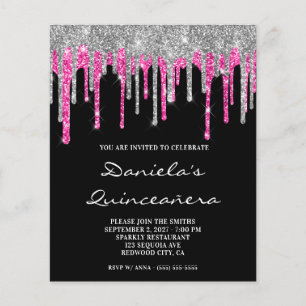 Invitation de Quinceañera avec paillettes rose cha
