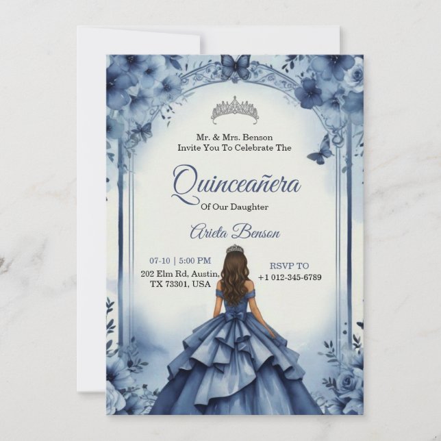 Invitation de Quinceanera avec une fille en robe b (Devant)