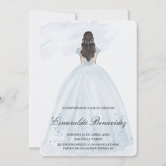 Invitation de quinceañera avec une robe bleu clair (Devant)