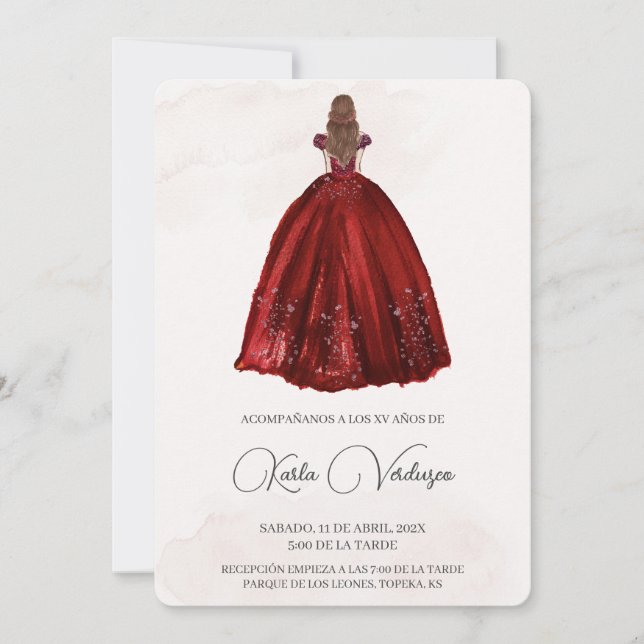 Invitation de quinceañera avec une robe rouge (Devant)