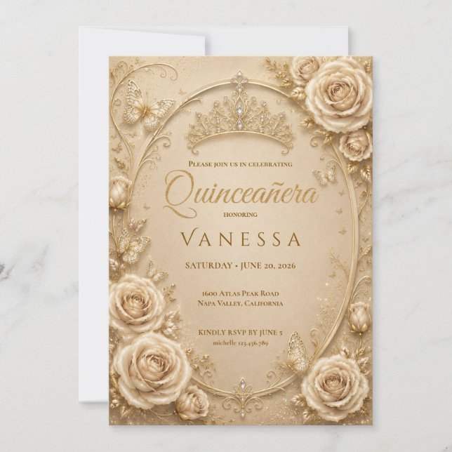 Invitation de Quinceañera beige et or (Devant)