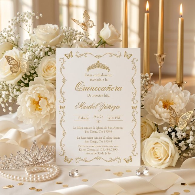 Invitation de Quinceanera beige or avec couronne (Créateur téléchargé)