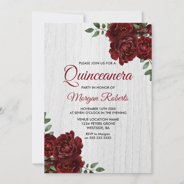 Invitation de Quinceanera blanc rustique Rose roug (Devant)