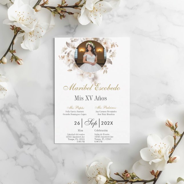 Invitation de quinceañera blanche avec photo (Créateur téléchargé)