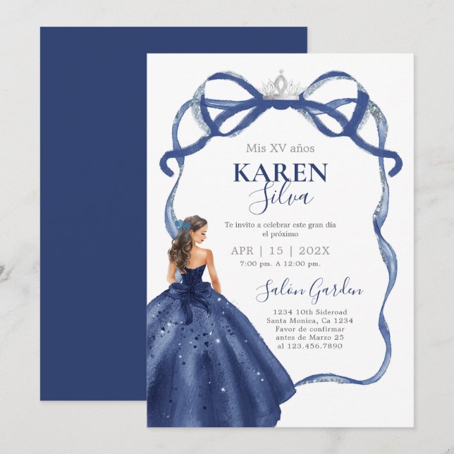Invitation de Quinceañera Bleu Marine (Devant / Derrière)