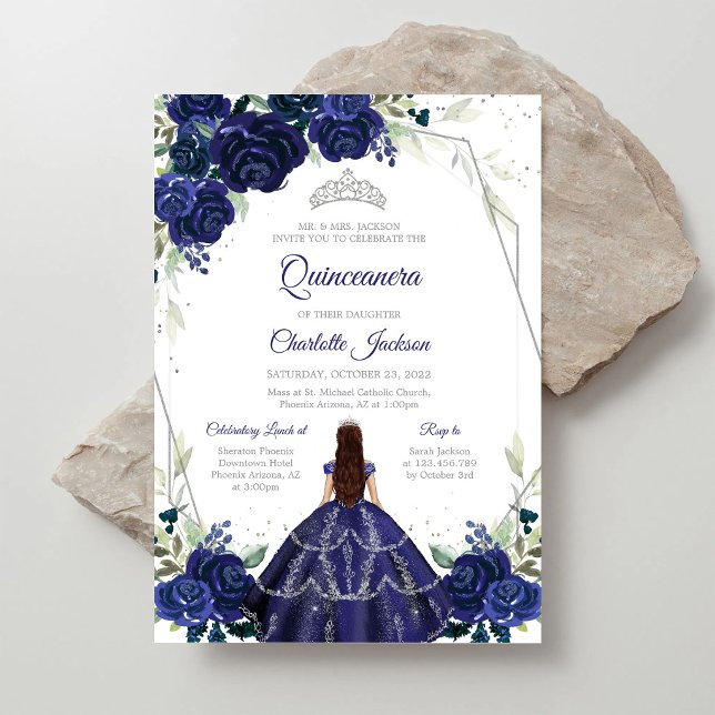 Invitation de Quinceañera Bleu Marine Argent (Créateur téléchargé)
