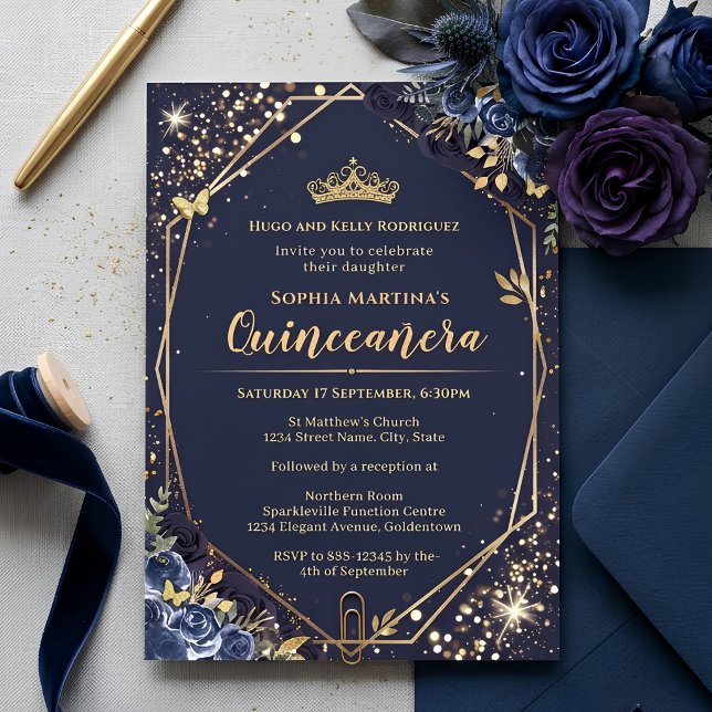 Invitation de Quinceanera bleu marine et or (Créateur téléchargé)