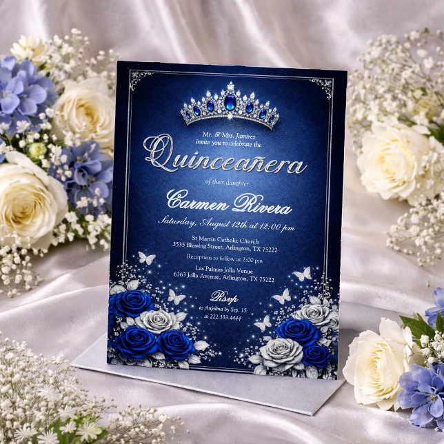 Invitation de Quinceañera bleu royal et argent  (Créateur téléchargé)