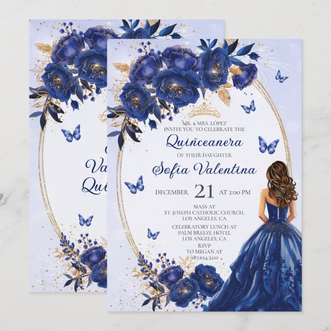 Invitation de Quinceañera Bleu Royal et Or (Devant / Derrière)