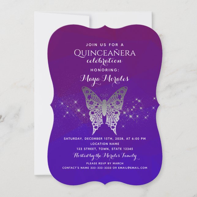Invitation de Quinceanera bleu royal pourpre (Devant)