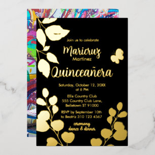 Invitation de Quinceañera Botanical Black Gold Foi