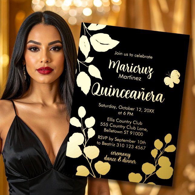 Invitation de Quinceañera Botanical Black Gold Foi (Créateur téléchargé)