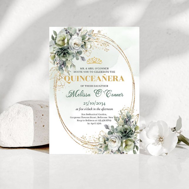 Invitation de Quinceañera botanique vert poussiére (Dusty Green Botanical Quinceañera Invitation)
