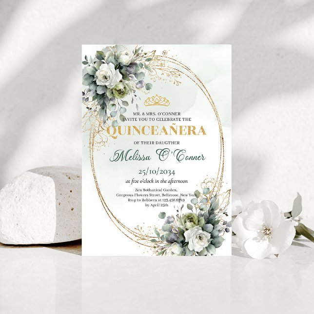 Invitation de Quinceañera Botanique Vert Poussiére (Dusty Green Botanical Quinceañera Invite)
