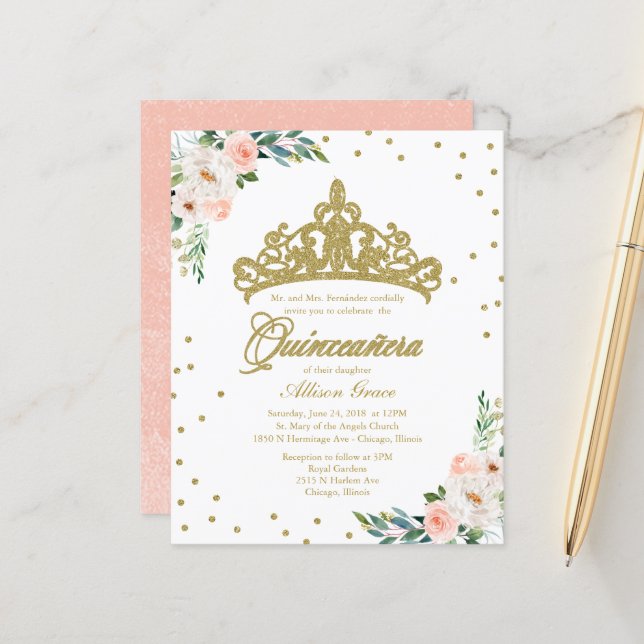 Invitation de Quinceanera Budget Couronne dorée (Devant/Arrière en situation)
