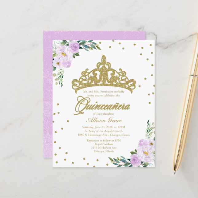 Invitation de Quinceanera Budget Couronne dorée (Devant/Arrière en situation)