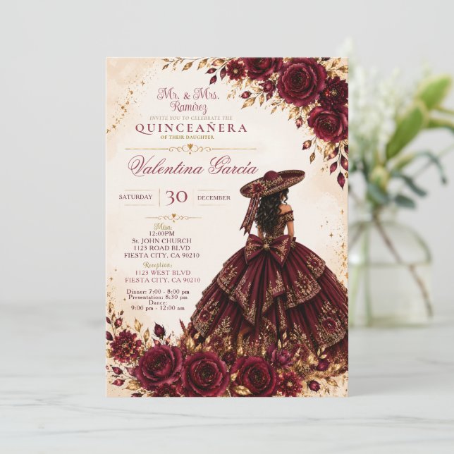 Invitation de Quinceañera Charra de Bourgogne (Debout devant)