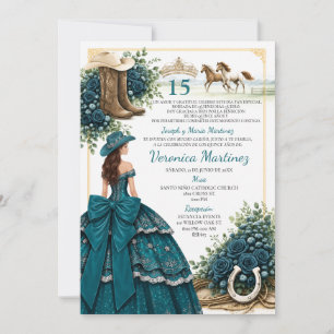 Invitation de Quinceañera charra sarcelle avec bot