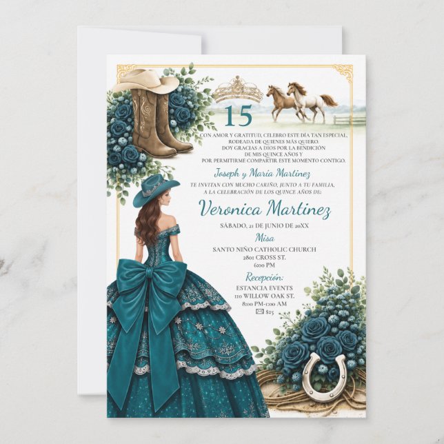 Invitation de Quinceañera charra sarcelle avec bot (Devant)