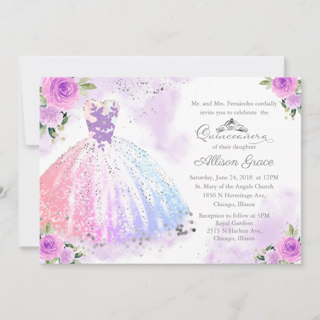 Invitation de Quinceañera Couleurs Pastel Bilingue (Devant)