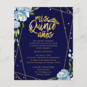 Invitation de Quinceanera de budget bilingue bleu 
