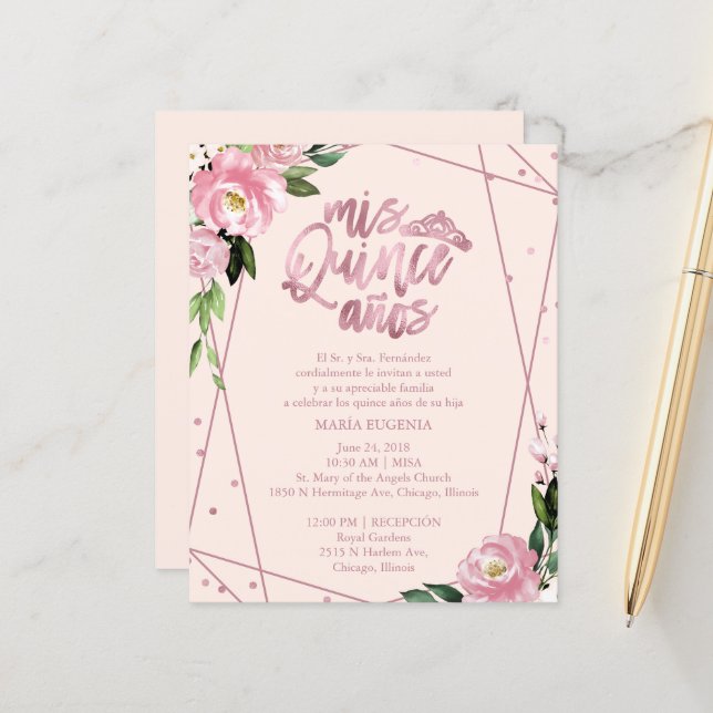 Invitation de Quinceanera de budget en rose pâle e (Devant/Arrière en situation)