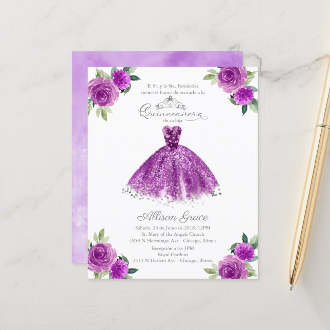 Invitation de Quinceanera de budget robe violette  (Devant/Arrière en situation)