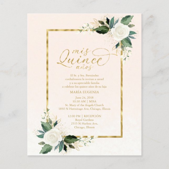 Invitation de Quinceanera de Budget Rose Or Espagn (Devant)
