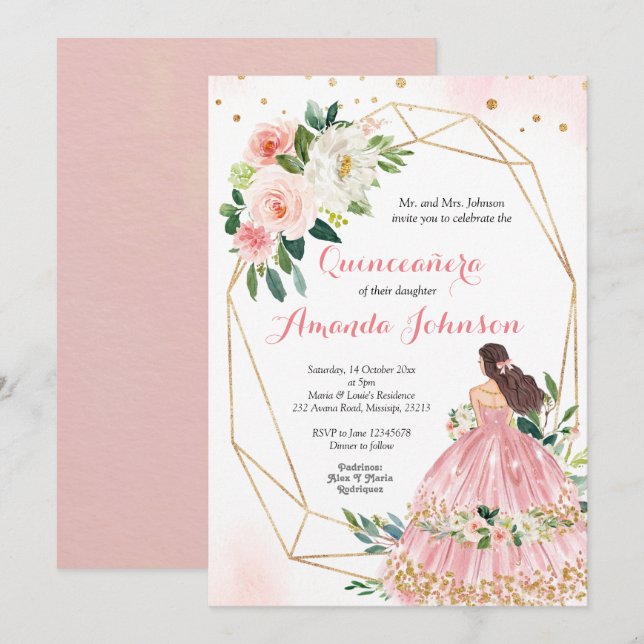 Invitation de Quinceañera de la Princesse Rose Pâl (Devant / Derrière)