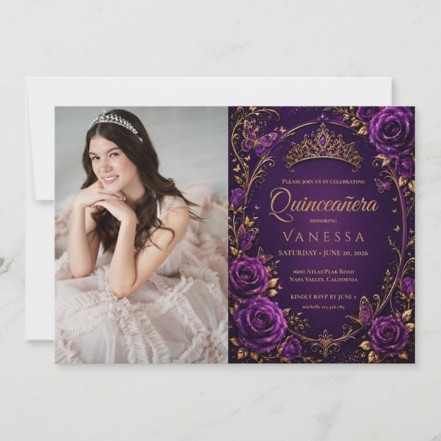 Invitation de Quinceanera de photo violette et or (Devant)