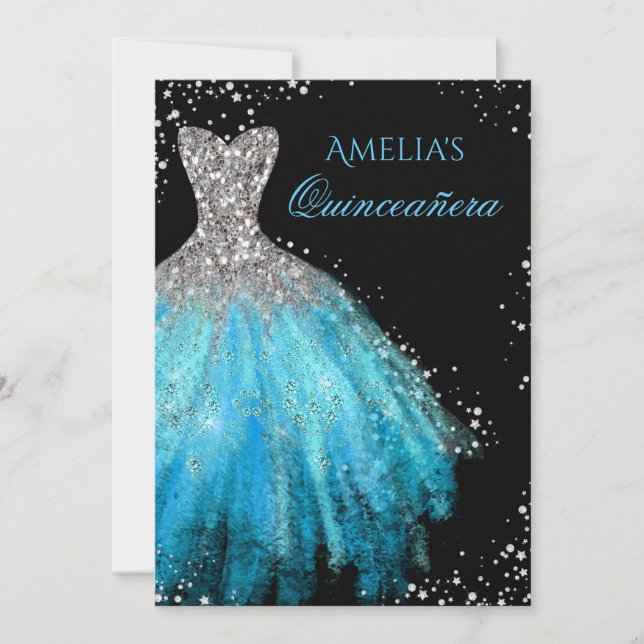 Invitation de Quinceañera de robe bleue scintillan (Devant)