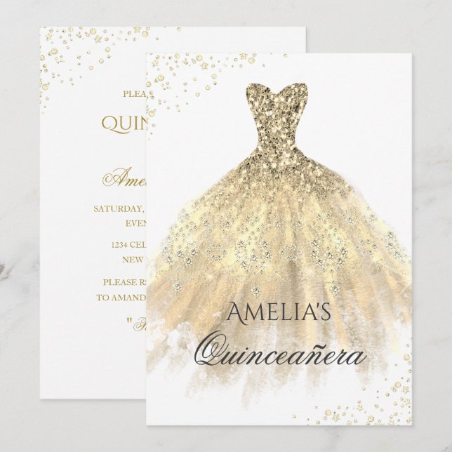 Invitation de Quinceañera de robe dorée scintillan (Devant / Derrière)