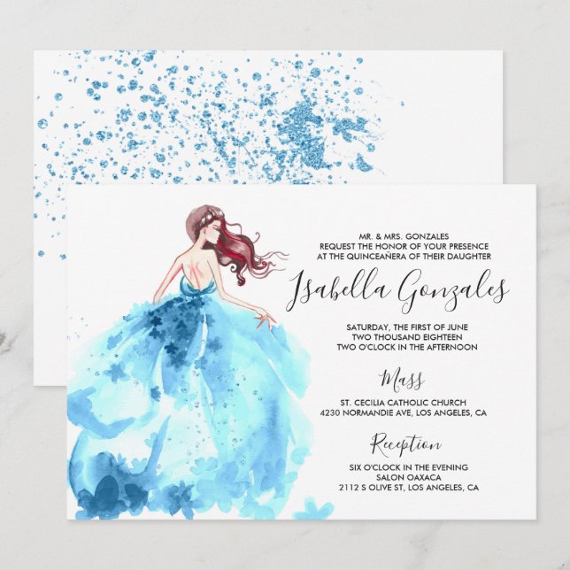 Invitation de Quinceañera de robe royale bleue sci (Devant / Derrière)