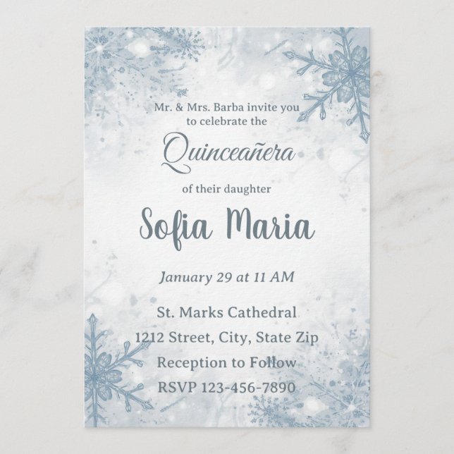 Invitation de Quinceañera d'hiver – Flocons de nei (Devant)