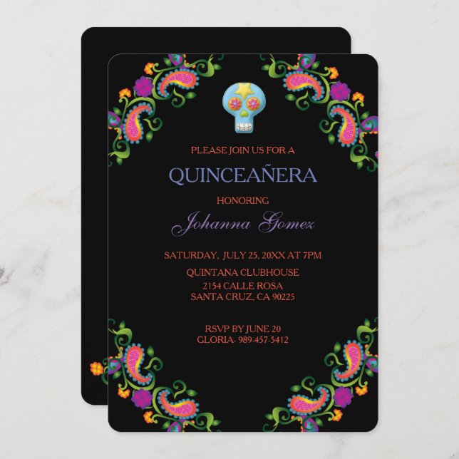 INVITATION DE QUINCEAÑERA DIA DE LOS MUERTOS (Devant / Derrière)
