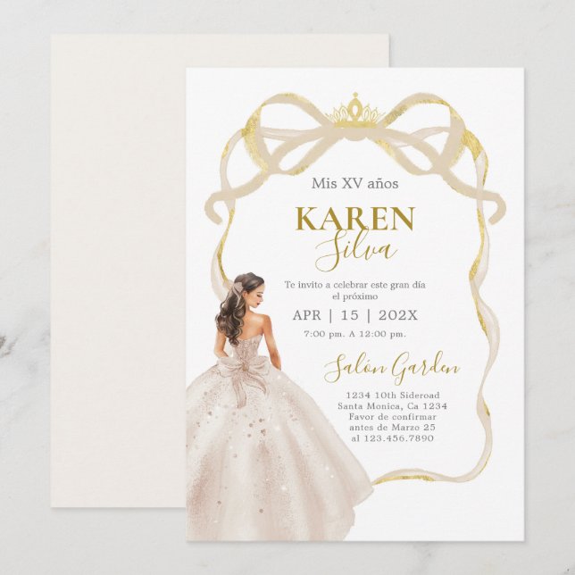 Invitation de Quinceanera d'Ivoire et d'Or (Devant / Derrière)
