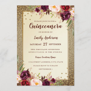 Invitation de Quinceanera doré à fleurs bordeaux