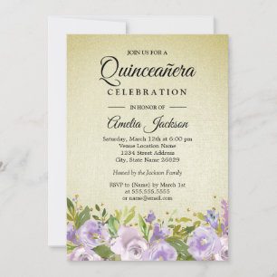 Invitation de Quinceanera doré pourpre floral