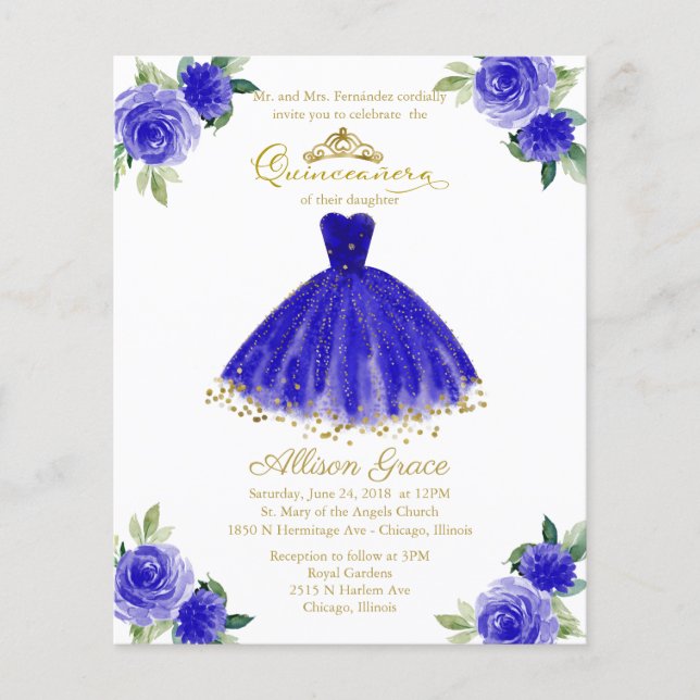 Invitation de Quinceañera Économique Bilingue Bleu (Devant)