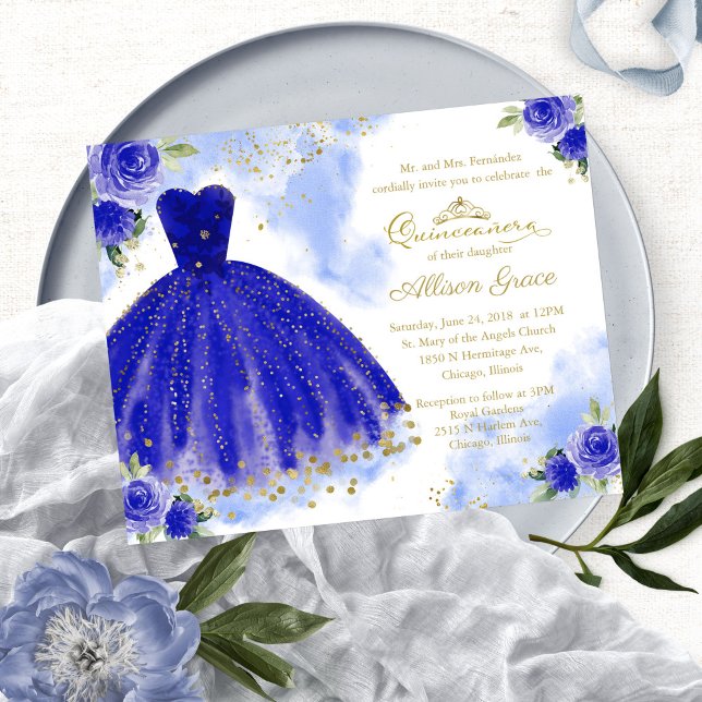 Invitation de Quinceañera Économique Bilingue Bleu (Créateur téléchargé)