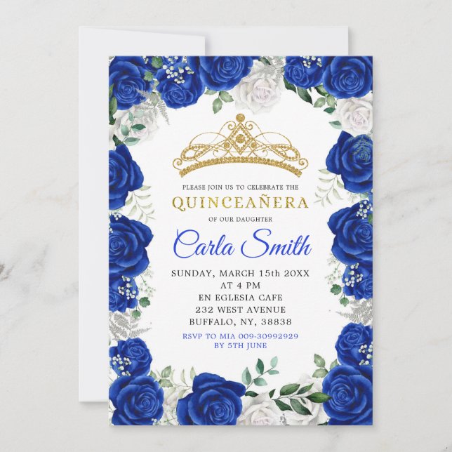 Invitation de Quinceañera en argent et en bleu roy (Devant)