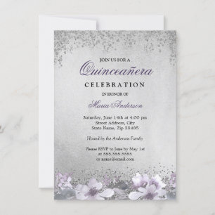 Invitation de Quinceanera en argent fleuri violet