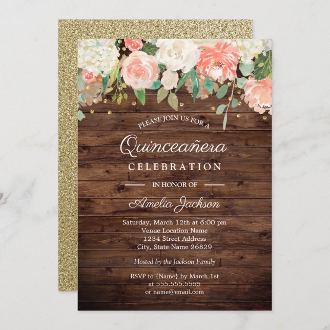 Invitation de Quinceanera en bois de sciage en or  (Devant / Derrière)